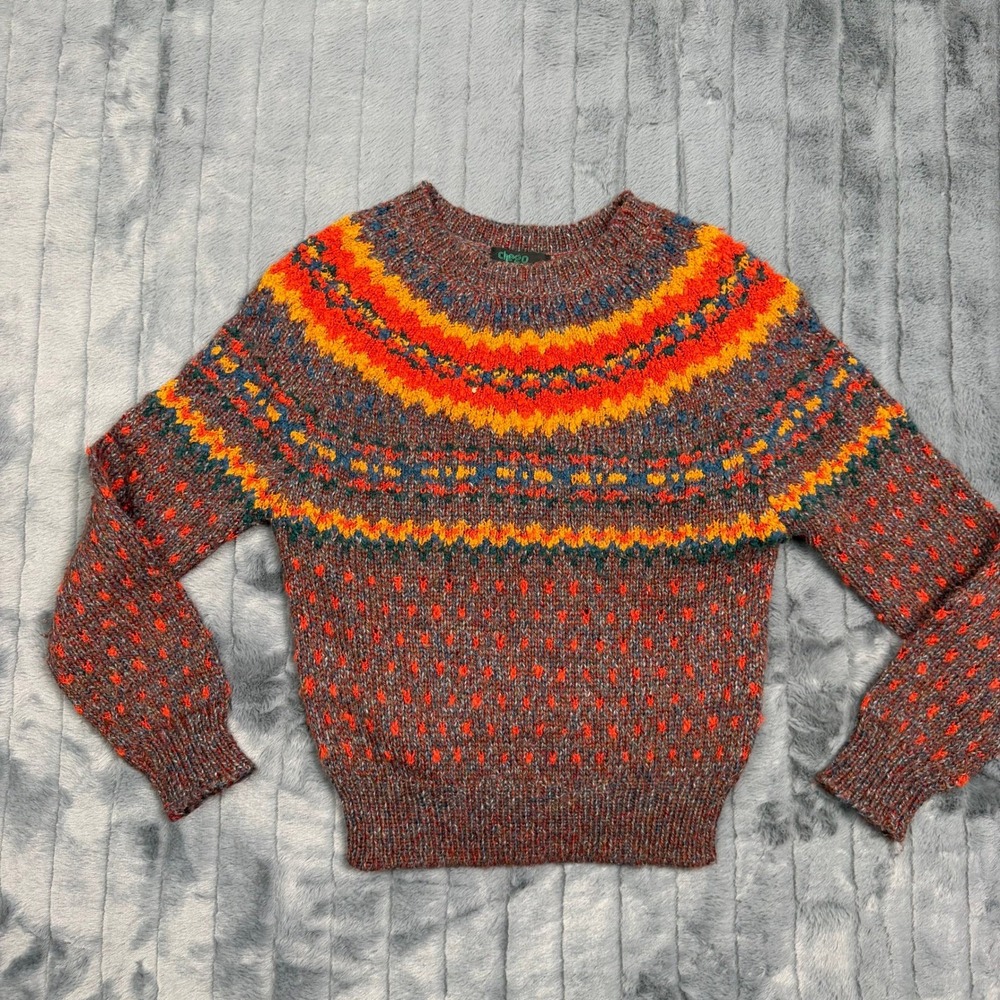 Vintage Chego International Fair Isle Knit Sweater Small Orange Brown Acrylic